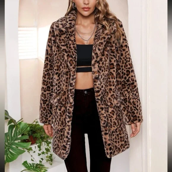Luxe Faux Vegan Fur Leopard Print Oversized Coat Jacket - Picture 1 of 8